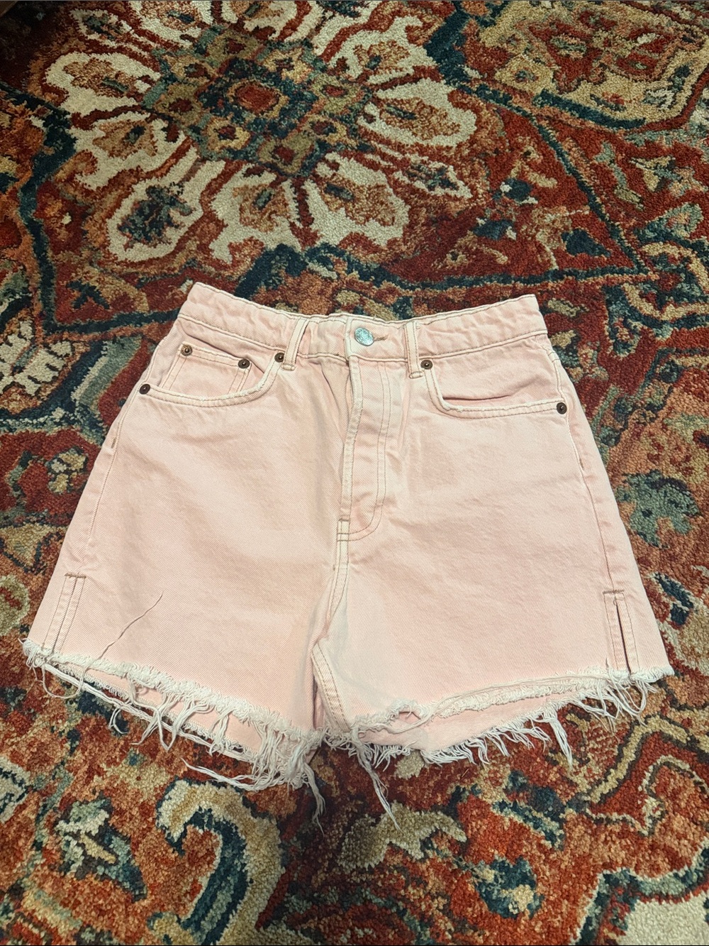 Zara Pastel Pink High-Waist Frayed Hem Denim Shorts